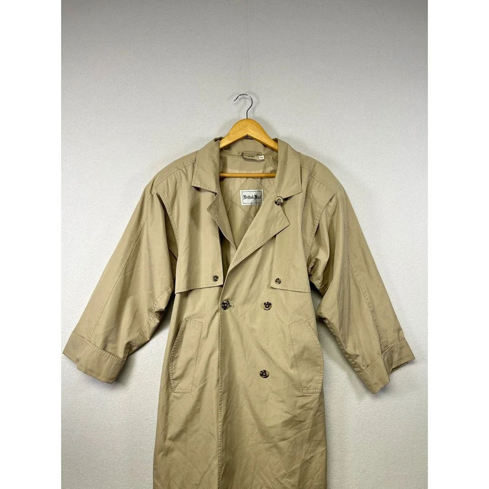 British Mist Classic Tan Double Breasted Trench Coat Belted Full Length Size 910